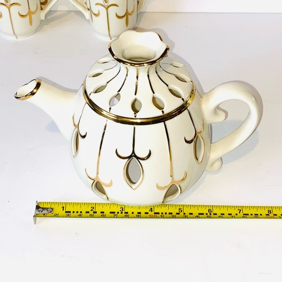 Partylite Tea for Two 5pc Votive Candle Holders Teapot Cups Saucers Ivory & Gold - Picture 11 of 15